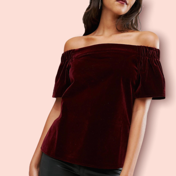 Lila Burgundy Velvet Off-The-Shoulder Short Sleeve Top - Picture 9 of 10